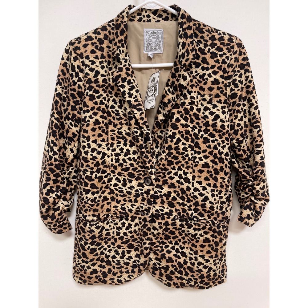 Maxim Studio Leopard Print Blazer Ruched Sleeve Animal Print Jacket Tan Brown M
